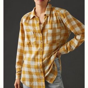 Anthropologie Pilcro Yellow Blue Plaid Western Cottage Button Shirt Wool Small